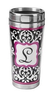 Black Pink White Damask Travel Mug Personalized a b c d e g h j k l m 