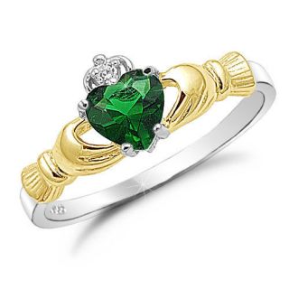 Two Tone Gold Plated Sterling Silver Claddagh Ring Emerald CZ  SR362G