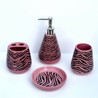 Piece Bathroom Ceramic Accessory Set BLACK and MAUVE/PINK ZEBRA