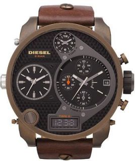 New Diesel Oversize SBA 4 Time Brown Leather Chronograph Mens Watch 