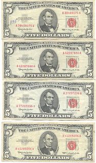LOT OF 4 1963 RED SEAL 5 DOLLAR BILL (A) GOOD CONDITION
