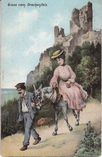 side saddle lady riding on donkey German Drachenfels postcard 1910s