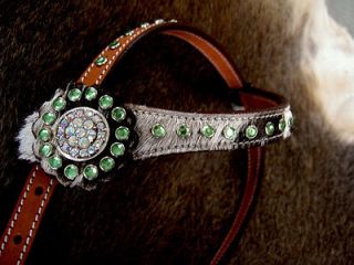 HORSE BRIDLE WESTERN LEATHER HEADSTALL GREEN STONE BARREL RACING HAIR 