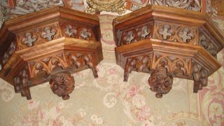EXCEPTIONAL PAIR ANTIQUE c1880 WOOD GOTHIC WALL SHELVES CORBELS 