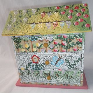   Floral Painted Wood Wooden Jewelry Box Drawers Flowers Butterflies