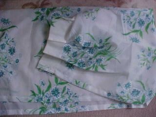 Vintage Pinch Pleat Drapes/Curtains~Rayon Acetate~Blue/Green on White 