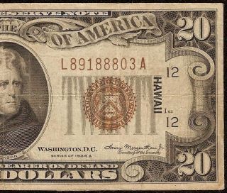 1934 A $20 DOLLAR BILL WWII HAWAII FEDERAL RESERVE BROWN SEAL NOTE 