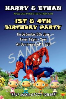 10 x JOINT BIRTHDAY PARTY INVITATIONS  DORA, SUPERMAN, BUZZ, BARBIE 