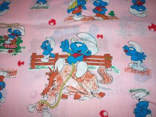 SMURFS FABRIC COWBOY COTTON HOME ON THE RANGE PINK BACKGROUND RARE HTF 
