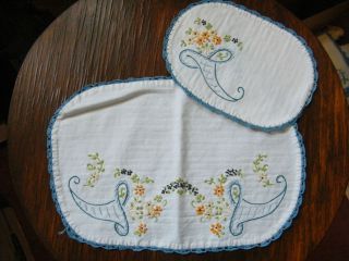 Embroidered Dresser Scarf Set 2 Off White Blue Crochet Trim Horn of 