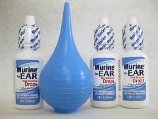 Murine Ear WAX REMOVAL DROPS with FREE Bulb Syringe .05 oz ea