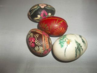 TRUE VINTAGE 3 Hand Painted Wood Easter Eggs and One Marble Etched Egg