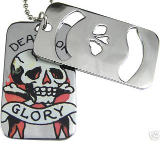 ED HARDY DEATH OR GLORY DOUBLE DOG TAG NECKLACE + Pouch