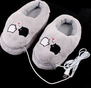 Plush USB Foot Warmer Shoes Electric Heat Slipper Cute Grey Piggy