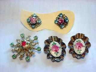 VINTAGE GUILLOCHE PINK ROSE RUFFLED CLIP ON EARRINGS
