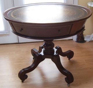 Vintage Mahogony 34 Round Leather Top Drum/ Occasional Table