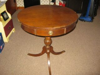   ANTIQUE MERSMAN MAHOGANY END LAMP TABLE MID CENTURY ROUND W/ DRAWER