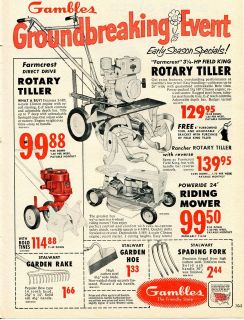 1961 Gambles Farmcrest Field King Tiller & Roweride Tractor Mower Ad