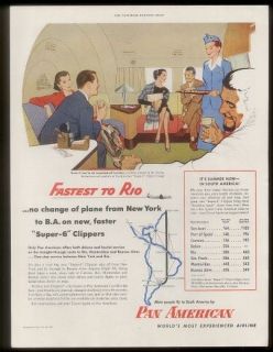   Am airlines DC 6 lounge stewardess fare chart & map vintage print ad