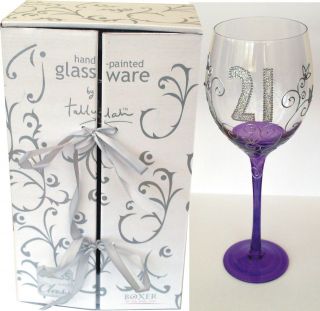 21st BIRTHDAY GIFT LARGE HAND BLOWN WINE GLASS WITH GLITTER & PURPLE 