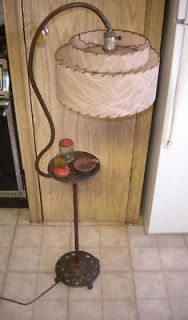 Ornate Cast Floor Lamp w/ Table, Fiberglass Shade & Smoker Stand 