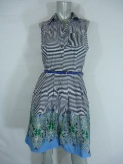 Tommy Hilfiger Sleevless Collar Belted Striped Dress BLUE M nwt