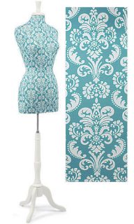 Beautiful Teal Damask Dress Form w White Wood Pedestal Stand n Neck 