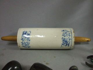   Blue White Stoneware Wildflower Decorated Rolling Pin Primitive as is