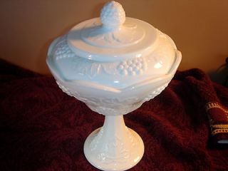 White Milk Glass Covered Pedestal Candy Dish with Grape Design
