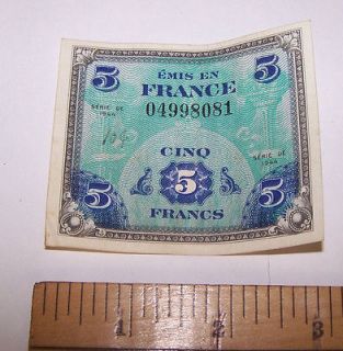 France 1944 WWII 5 FRANCS Currency Banknote Paper Money