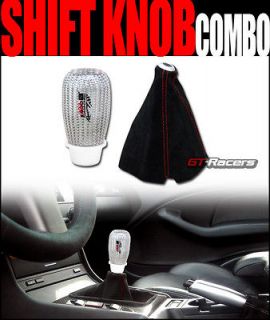   BLK SUEDE SHIFT BOOT+SILVER CARBON FIBER SHIFTER KNOB CHEVY FORD DODGE