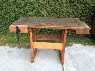   Work Bench Workbench Wood 1930s 2 Vices Glass Top Table Counter