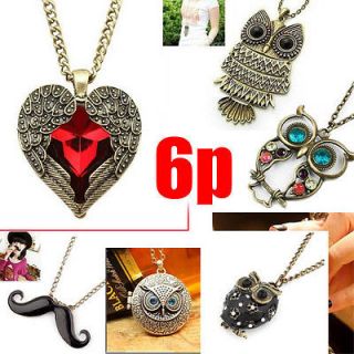 6pcs Lots Christmas Gift Pop Girl New Mix Owl Mustache Heart Necklace 