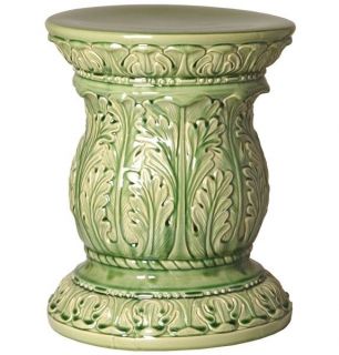 GREEN ACANTHUS CERAMIC GARDEN STOOL, Glossy, End Side Table, Indoor or 