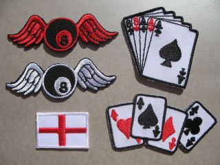 Mini Iron On Patch 8 Ball Angel Wings St. Georges Cross Playing Cards 