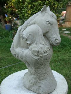   /LADY HUGGING HER HORSE NATURAL GRAY CEMENT CONCRETE GARDEN STATUE