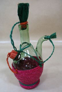SMALL LOVELY GREEN WINE GLASS JUG BOTTLE PINK WICKER BASE RED PLUG 