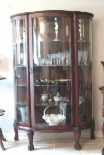   oak 1880s  1890s Bow Front Oak China Cabinet Claw Feet Curved Glass