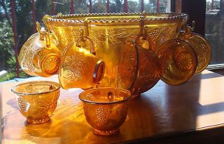  Glass iridescent gold Princess carnival punch bowl set marigold