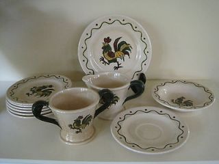 11 Provincial Green Rooster Dinnerware Pieces, 6 handpainted gd to vg 