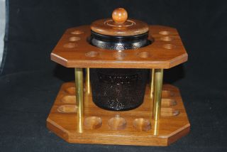 Vintage Solid Walnut 12 Pipe holder with amber glass Humidor