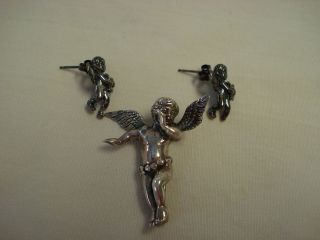   vintage sterling silver Angel Cherub brooch pin earrings pierced set