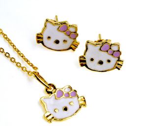 Gold 18k GF Lavender Purple Hello Kitty Enamel Earrings Charm & Chain 