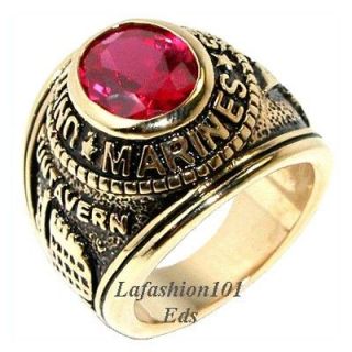 Gold EP Plated Red Simulated Ruby US Marines Mens Ring SIZE 9,10,11,12 