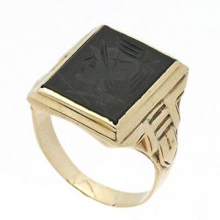 Mens Antique 10K Gold Black Onyx Warrior Intaglio Ring Buckle Motif 
