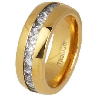 Titanium Princess CZ Band Dome Shiny Top Gold Plated Mens Wedding Ring 