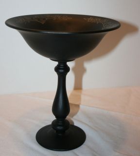 TIFFIN GLASS COMPOTE BLACK SATIN GLASS COMPOTE APPLIED GOLD ROSES AND 