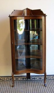 Antique oak corner china cabinet rare reverse serpentine glass door