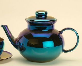 CZECH GLASS RAINBOW BLUE TEA POT TRANSLUCENT 32oz