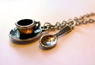 Mini Teacup and Spoon Charm Necklace  Alice in Wonderland, Tea Party 